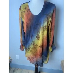 Vintage 90s C.O.C. Ombre Floral Sheer Tunic Top V-Neck Fairycore Made in USA XL